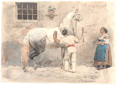 A Gray Horse Being Groomed in Via Margutta by Johan Thomas Lundbye