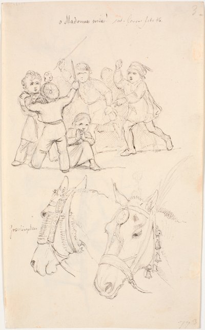 A Little Girl in the Midst of a Group of Fighting Boys, Below Two Horse Heads by Johan Thomas Lundbye