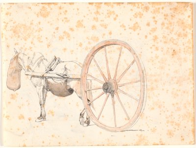 Detailed Study of a Cart Horse with Nosebag, Only the Shaft and a Very Large Wheel of the Cart are Visible by Johan Thomas Lundbye