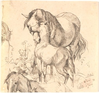 The Mare and the Foal, Currently Horse Study (Back and Head) and Ears of a Foal by Johan Thomas Lundbye