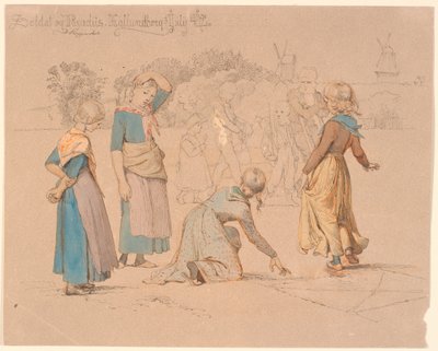 In the foreground, some girls playing hopscotch. In the background, some boys playing soldier and a disabled person watching by Johan Thomas Lundbye