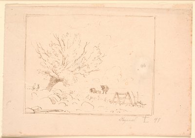 Landscape with a Willow Tree by Large Stones, a Rooster, a Plow, and Three Cows by Johan Thomas Lundbye