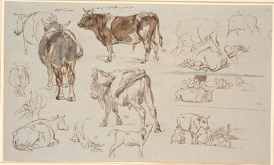 Study Sheet from Vognserup. Studies of Cows, Bulls, and Calves. Two Landscape Studies on the Right, the Upper with Lying Cows, the Lower with Milking Scene by Johan Thomas Lundbye