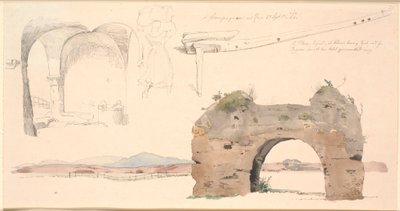 Study Sheet from the Roman Campagna, Italy. Below, Watercolor Study of a Roman Aqueduct Arch with a View of Low Mountains. Above, Study of an Open Space with Flat Vaults, in the Middle an Italian Woman Carrying a Large Bundle on Her Head, to the Right a Pl by Johan Thomas Lundbye