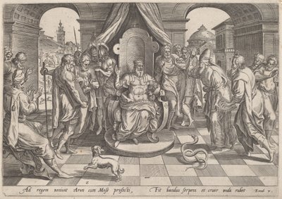 Moses and Aaron before the Pharaoh by Johan Wierix, after Maarten van Cleef