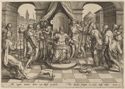 Moses and Aaron before the Pharaoh by Johan Wierix, after Maarten van Cleef
