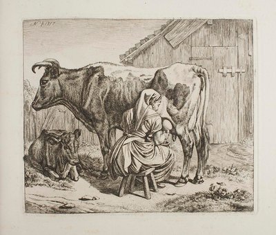 Cow with Calf Being Milked by Johann Adam Klein