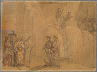 Dante, having reached a rock face, meets Manfred, the former King of Apulia and Sicily, who identifies himself to him and tells him various things; above on the rock they see those banished by the Church doing penance by Johann Anton Ramboux