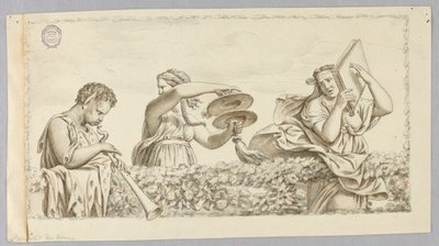 A Satyr Boy Playing Flute, A Girl with Cymbals, a Woman with a Book by Johann August Nahl the Younger