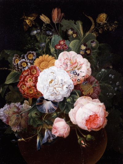 Still Life of Flowers in a Pot (including roses, primroses, and daisies) by Johann Baptist Drechsler