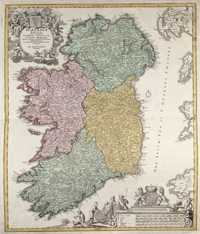 Map of Ireland showing the Provinces of Ulster, Munster, Connaught and Leinster, by Johann B. Homann, c.1730 by Johann Baptista Homann