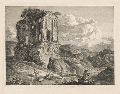 Landscape with Ancient Tomb, Goats and Shepherd Playing a Flute on the Right by Johann Christian Reinhart