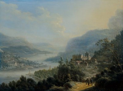 An Extensive Rhenish Landscape with Travellers on a Road by a Castle by Johann Christian Vollerdt or Vollaert