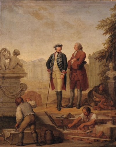 King Frederick II of Prussia (1712-86) and the Marquis of Argens (1704-1771) inspecting the construction of Sanssouci in Potsdam by Johann Christoph Frisch
