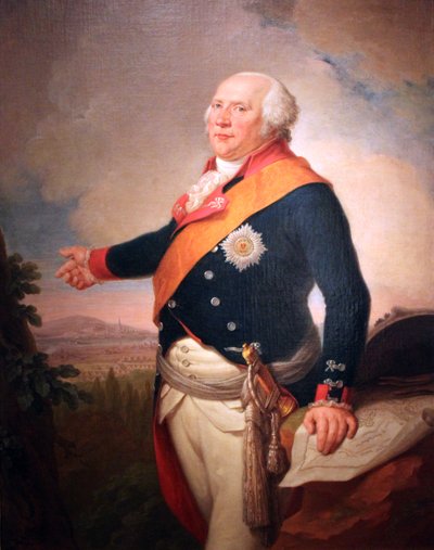 Portrait of King Frederick William II of Prussia (1744-1797) with a star of the Prussian Order of the Black Eagle, his left hand resting on a map of Frankfurt, a landscape with the Prussian army encamped outside Frankfurt by Johann Christoph Frisch