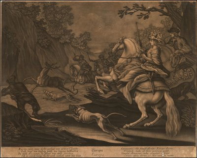Allegorical Mezzotint of Europe, ca. 1770 by Johann Elias Ridinger
