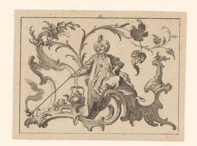 Man Smoking a Pipe with Turban Seated on a Rococo Ornament, Next to Him a Jug, a Cup and Saucer by Johann Esaias Nilson