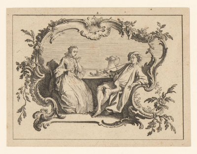 Woman and Pipe-Smoking Man at a Table in a Cartouche by Johann Esaias Nilson