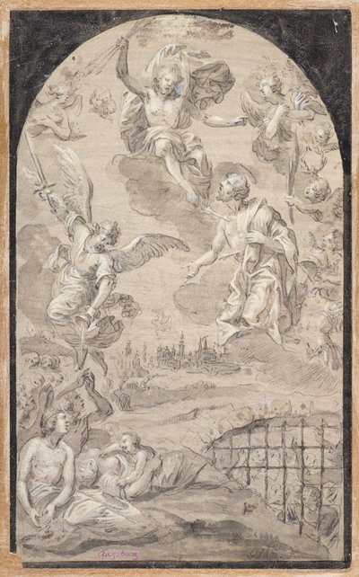 Saint interceding with Christ not to hurl the thunderbolt on the city of Augsburg by Johann Georg Melchior (1625 1705) Schmittner