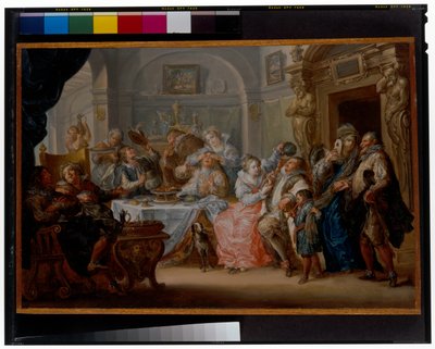 Interior with Elegant Figures in Masquerade Costume Feasting by Johann Georg Platzer