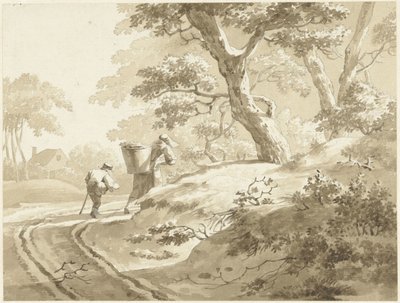 Landscape with Woman and Boy on a Country Road by Johann Heinrich Keller (II) (possibly)