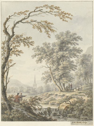 Landscape with Waterfall and a Church in the Distance by Johann Heinrich Muntz
