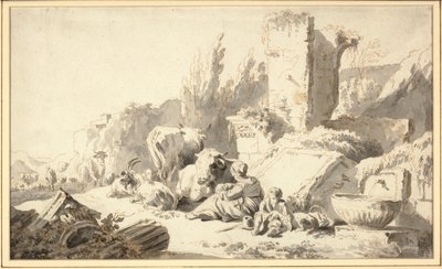A drover with his family and cattle beside classical ruins by Johann Heinrich Roos