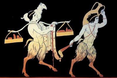 Two fauns carrying tributes and offerings to the Dionysia festival using a carrying pole c.1796 by Johann Heinrich Wilhelm Tischbein