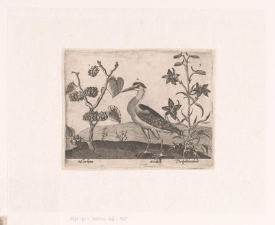 Series of Prints with Flowers and Animals in a Landscape (Landscape with Heron and Larkspur) (Landscapes with Animals, Plants, and Flowers) by Johann Hogenberg