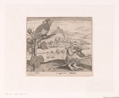 Series of Prints with Flowers and Animals in a Landscape (Landscape with Fig Tree and Monkey) (Landscapes with Animals, Plants, and Flowers series) by Johann Hogenberg