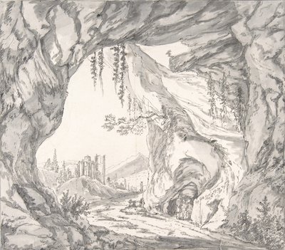 Mountainous Landscape with Ruins of a Castle and Three Men in a Cave by Johann Huber