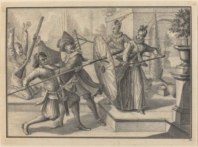 Pantaloon and the Doctor Fighting with Columbine and Brigatella in the Garden by Johann Jacob Schubler