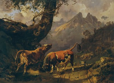 Bull Chasing a Cow, Landscape near Carrara in the Background by Johann Nepomuk Rauch
