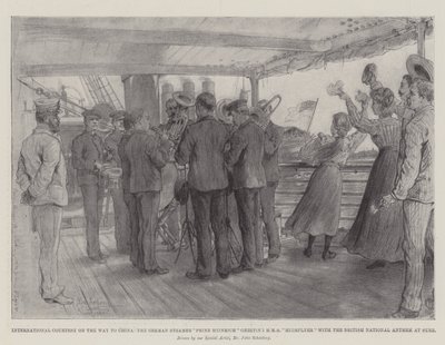 International Courtesy on the Way to China, the German Steamer Prinz Heinrich greeting HMS Highflyer with the British National Anthem at Suez by Johann Nepomuk Schonberg