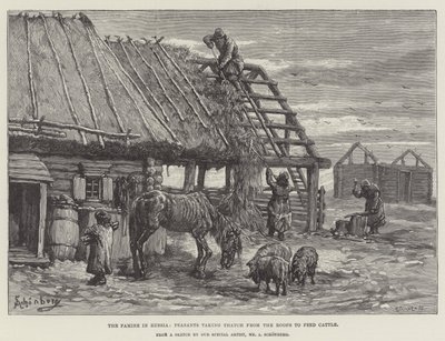 The Famine in Russia, Peasants Taking Thatch from the Roofs to Feed Cattle by Johann Nepomuk Schonberg