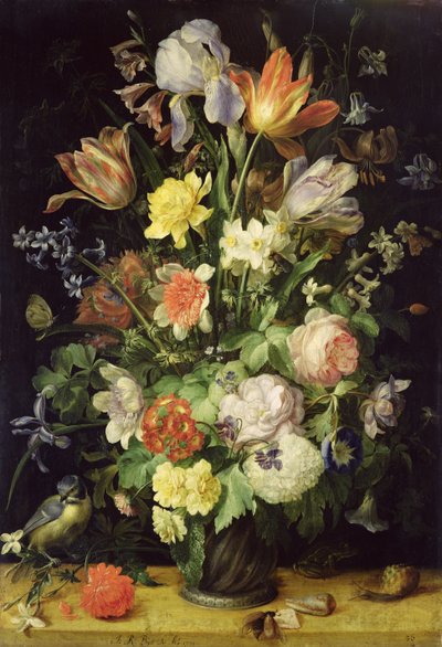 Still Life with Flowers and Blue Tit by Johann Rudolf Byss