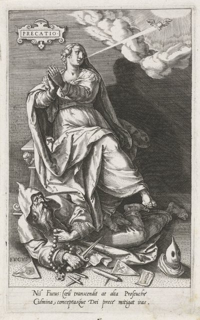 Prayer (Precatio) Overcomes Hypocrisy (Fucus) (series title: The Virtues Overcome the Vices) by Johann Sadeler (I)