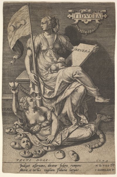Fiducia, a Seated Woman Holds a Book and Banner While Turning Her Head Away from a Bare Branch, 1579 by Johann Sadeler I