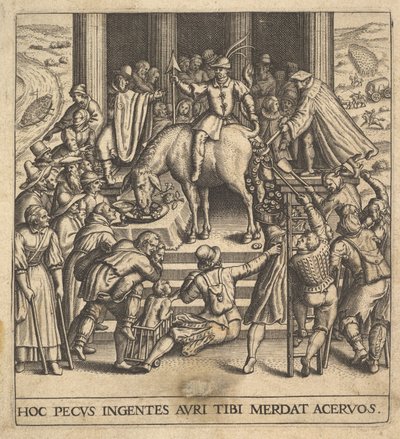 Men Collecting Dung Dropping from the Hindquarters of a Mule by Johann Theodor de Bry