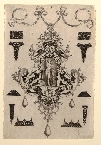 Pendant Design with the Virtue Hope, Plate 3, from a series of eight pendant designs with the cardinal virtues by Johann Theodor de Bry