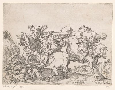 Two Musketeers on Horseback Shooting at a Rider by Johann Wilhelm Baur
