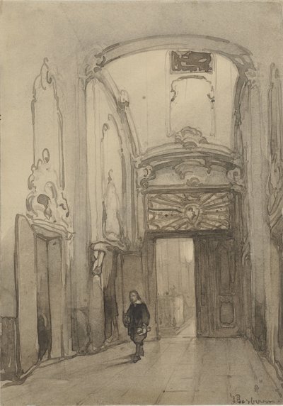 Rococo Portal in the Town Hall in The Hague with a Man in Seventeenth-Century Costume by Johannes Bosboom