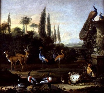 A Park Landscape with Deer and Exotic Birds by Johannes Bronckhorst