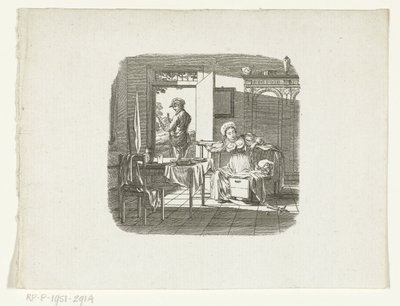 Mother by Child in Cradle Waving to Father Leaving Home with Rifle by Johannes Christiaan Bendorp