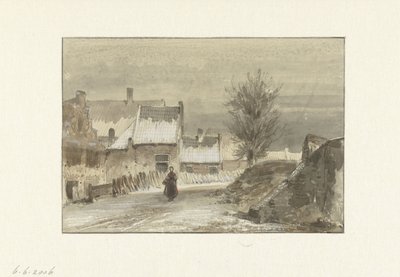 Winter Scene with Woman Standing on the Ice by Johannes Franciscus Hoppenbrouwers