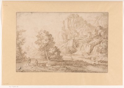Mountain Landscape with a Bridge over a Waterfall by Johannes Glauber