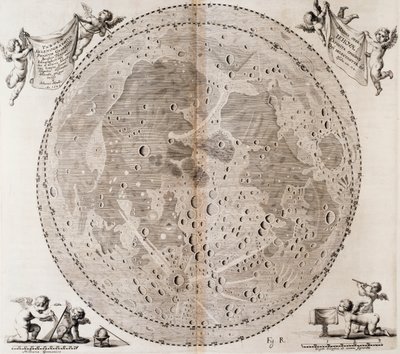 First detailed map of Moon drawn in 1647 by Johann Hevelius, print taken from Johann Hevelius
