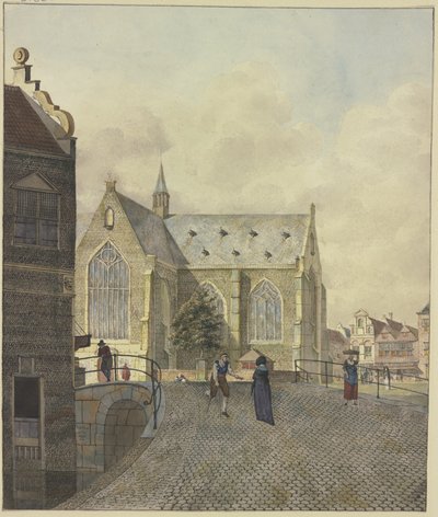 Church by a Bridge, a Lame Beggar by a Lady by Johannes Huibert Prins