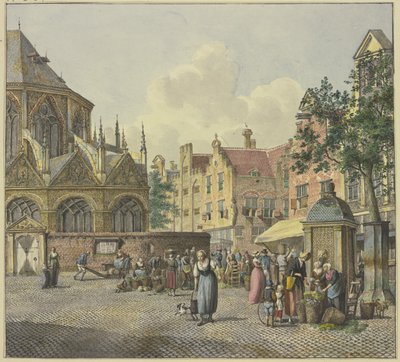On the left the choir of a church, on the right a fountain house, with women selling vegetables by Johannes Huibert Prins