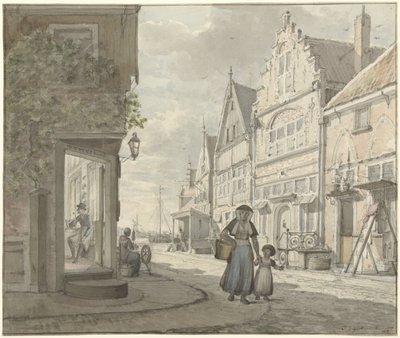 Woman and Child Walking on the Street in a Fishing Village by Johannes Jelgerhuis